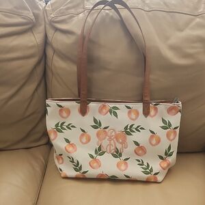 Peach Print Tote Bag with Brown Handles